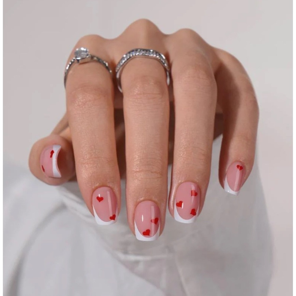 BTArtboxNails  French hearts Press-On Square Nails – Soft Gel – Reusable – New